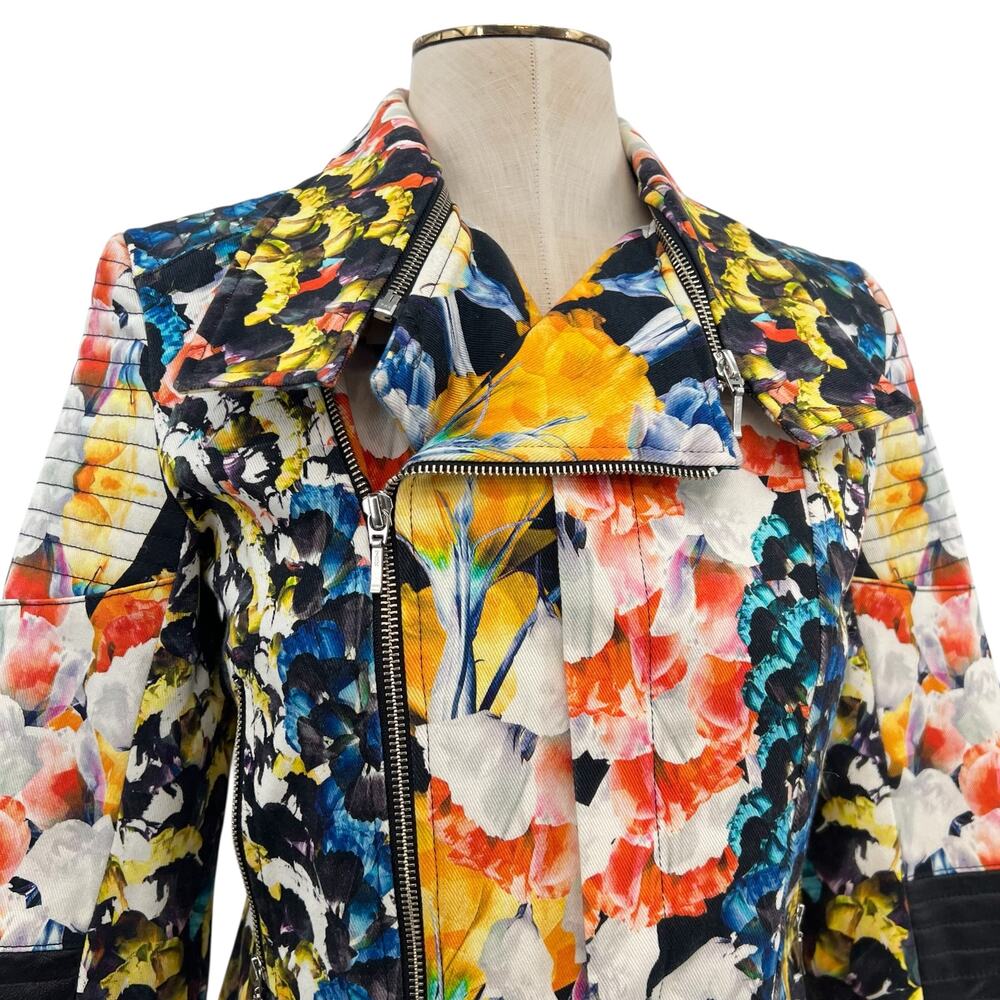 Nicholas Digi Floral Moto Jacket‎ Cotton Blend Leather Trim Multicolor US 4 - Picture 6 of 16